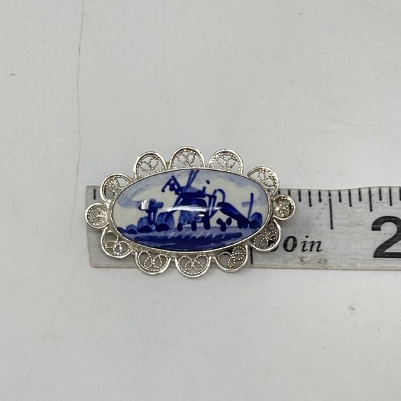 Vintage Delft Holland 800 Silver Filigree Porcelain Oval Brooch Pin Tarnish - Picture 7 of 8